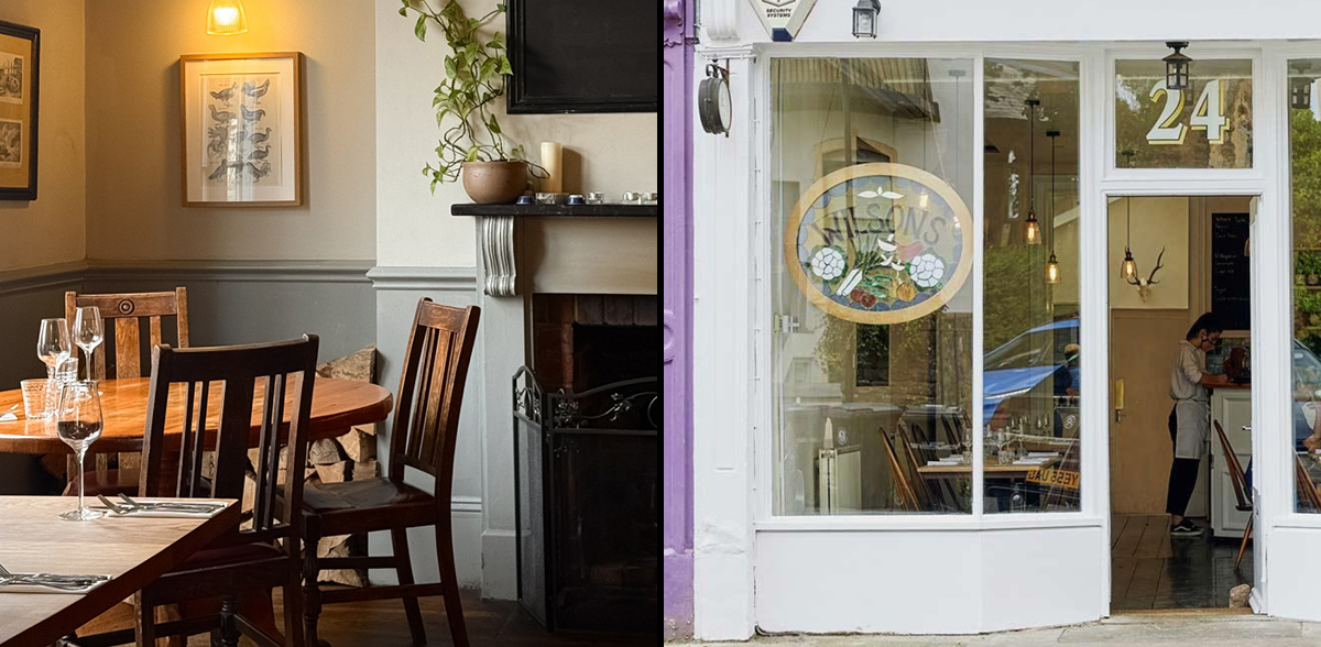 Collage of a restaurant interior and exterior.