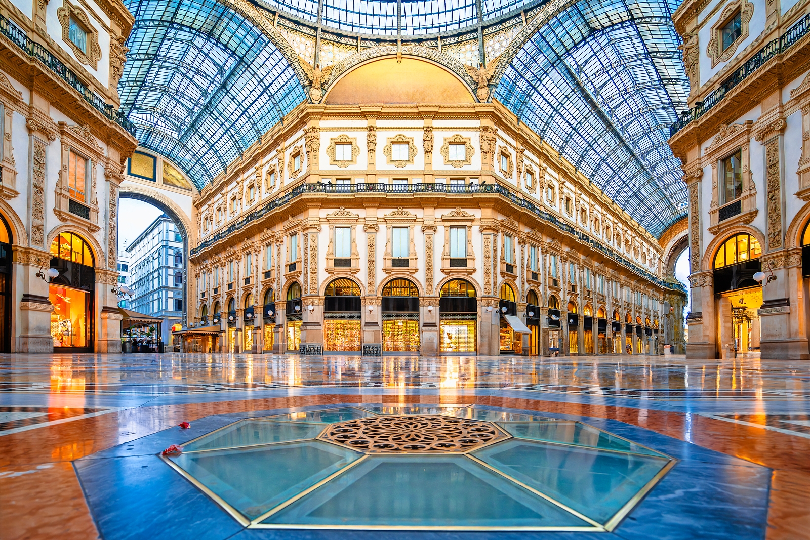 Scenic architectural view of Galleria Vittorio Emanuele II in Milan, Italy.
