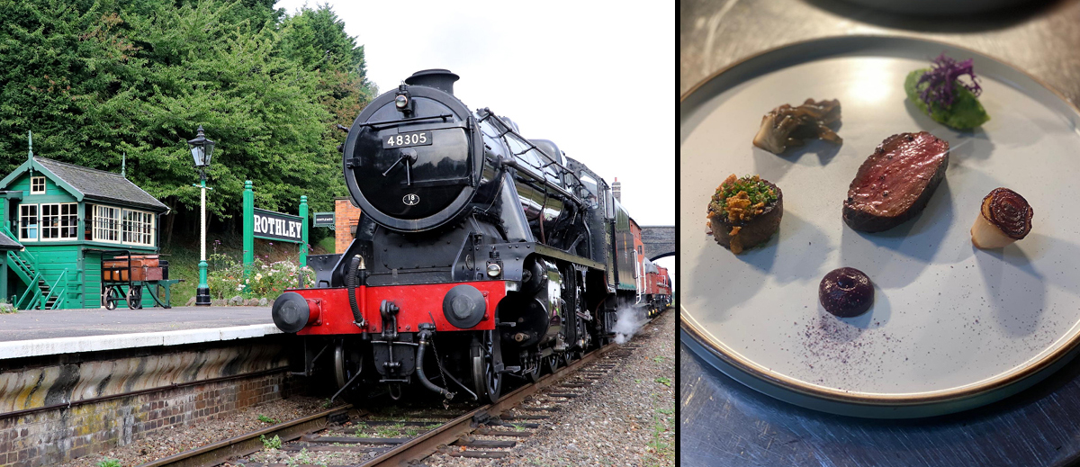 Collage of a black steam train at Rothley station and a plate of gourmet food.