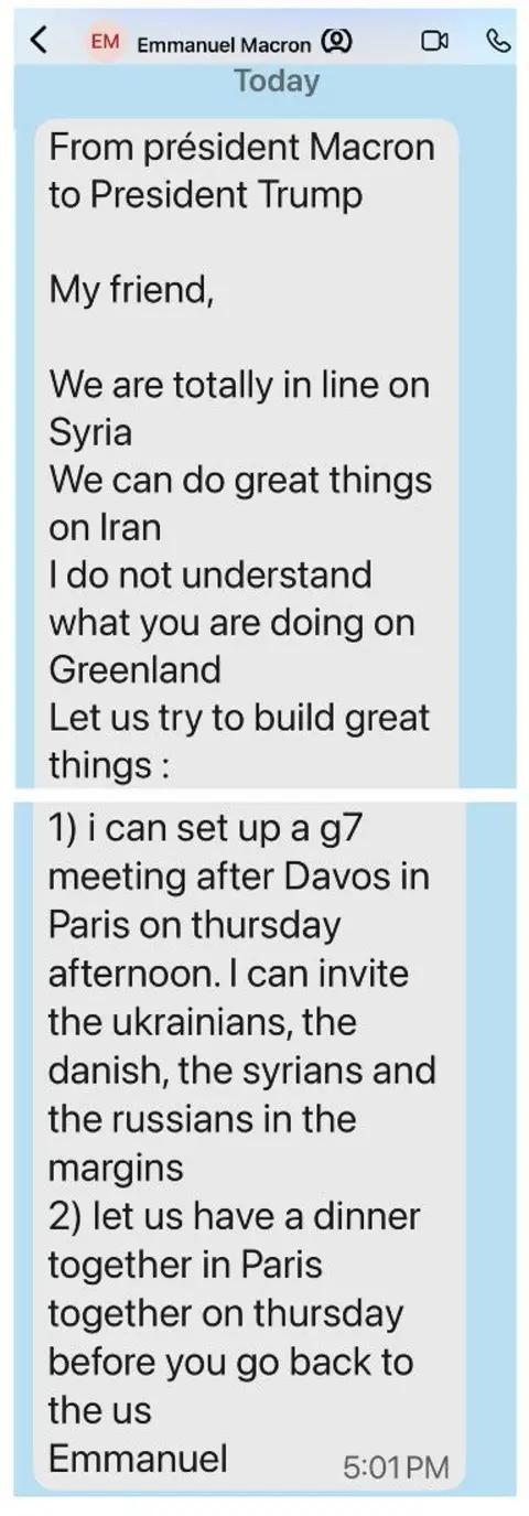 Truth Social The screenshot of text messages from French President Emmanuel Macron to US President Donald Trump