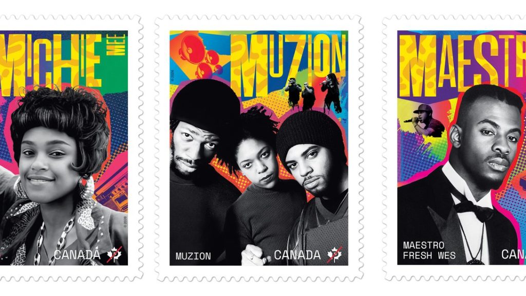 Michie Mee, left to right, Muzion and Maestro Fresh Wes are pictured on new Canada Post stamps honouring Black Canadian hip-hop icons for Black History Month in this handout photo. THE CANADIAN PRESS/Handout - Canada Post (Mandatory Credit)