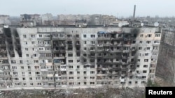 Damaged buildings in the largely destroyed Donetsk region city of Vuhledar on January 27, 2023