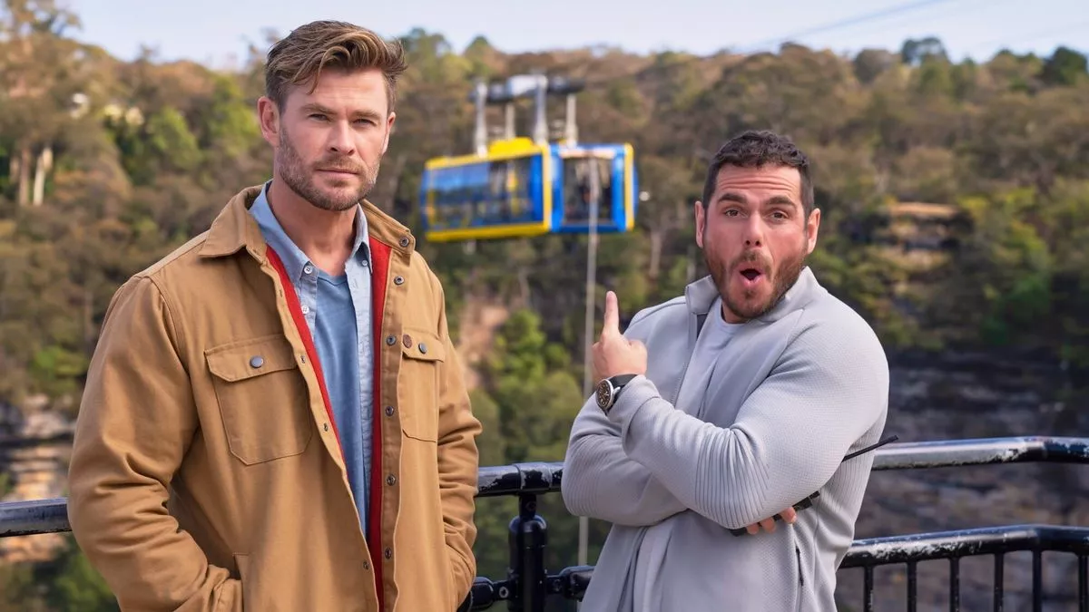 Chris Hemsworth and Ross Edgley ahead of the actor's TV challenge involving an extreme rope climb