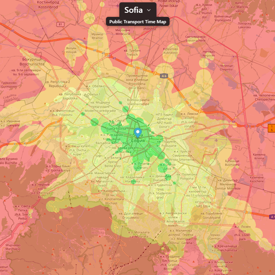 [OC] Public transport travel time accessibility in Sofia, Bulgaria (GTFS data)