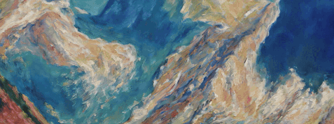 A digital swirl of colors and shapes looks like mountains expanding and contracting.