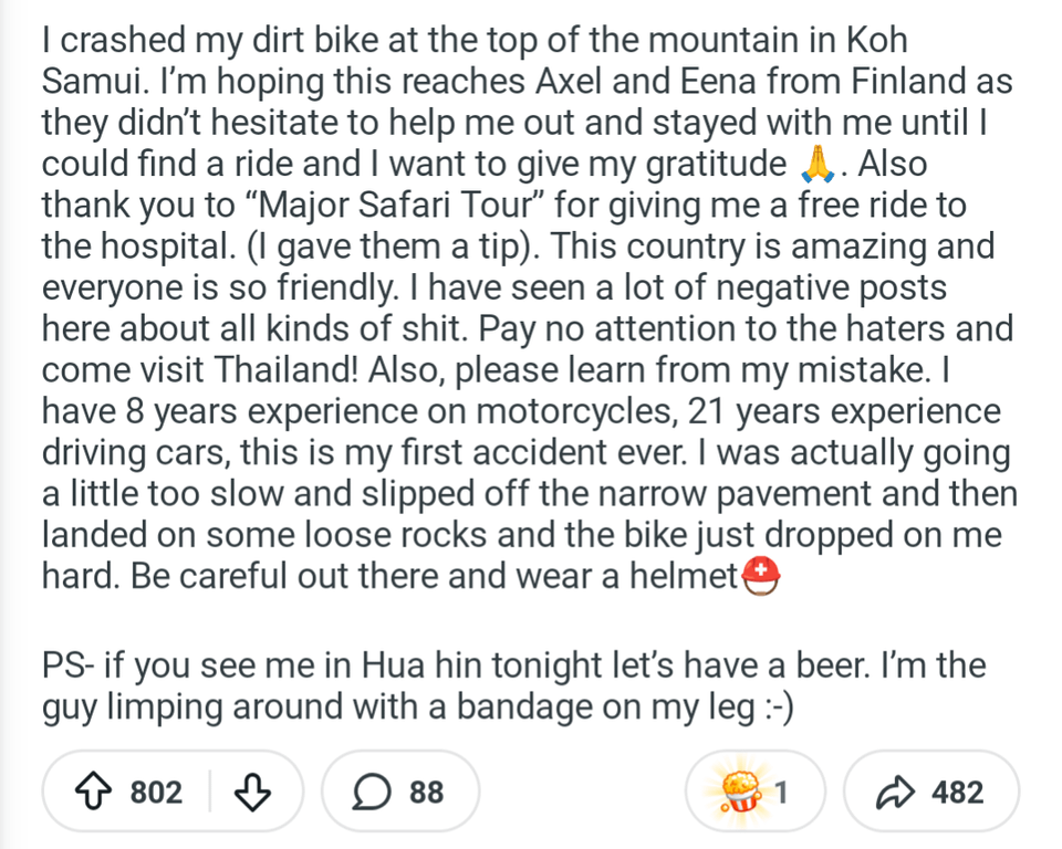 Saw someone posted this on r/ThailandTourism, thanking a couple of Finnish tourists for helping him. Hope his message reaches Axel and Eena.