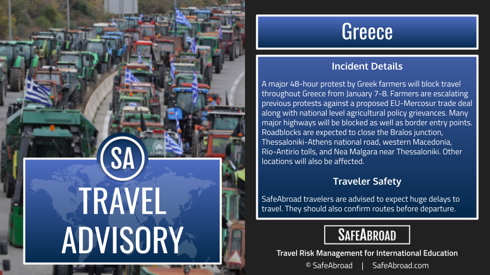 Protesting farmers will block highways and ports of entry across Greece for 48-hours from January 7-8.