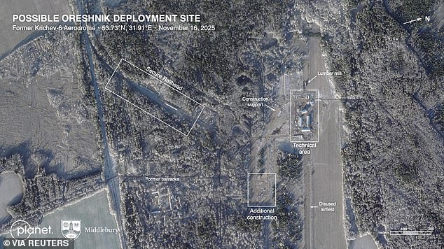 A satellite image taken on November 16 shows where US researchers believe that Russia is likely stationing its new nuclear-capable Oreshnik hypersonic cruise missile at the disused airbase Krichev in eastern Belarus near Russia's border