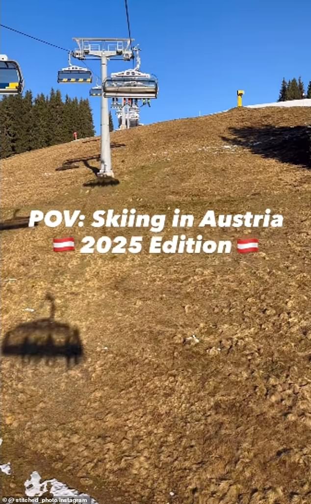 Patches of grass, rock and dirt can be seen on typically-snow-covered slopes in some of Europe's skiing meccas. Pictured: A slope with no snow at an Austrian ski resort in December 2025