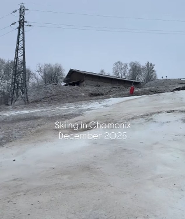 A video taken in Chamonix shows skiers sliding on thin tongues of icy slush