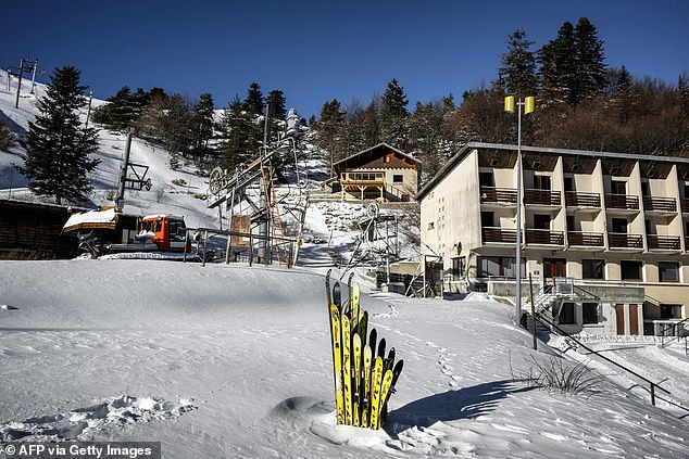 Pictured: A ski lift at the former resort Céüze 2000 ski resort in France in January 2023. It was forced to close due to a lack of snowfall