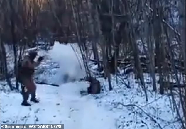 As he zooms down the hill he slams into a landmine and is violently thrown off the sledge, landing on his back