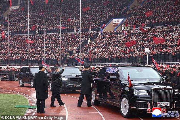 Pictured: Kim Jong Un waving to attendees of a ceremony marking the 80th anniversary of the founding of the Socialist Patriotic Youth League