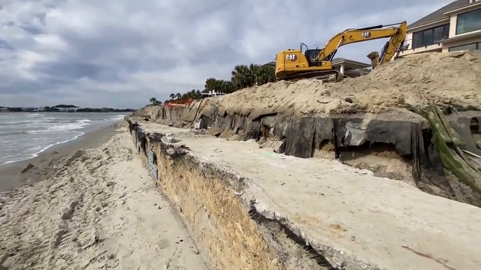 Unauthorized seawall on Isle of Palms sparks DHEC intervention. Pictured Feb. 2, 2024. (WCIV)