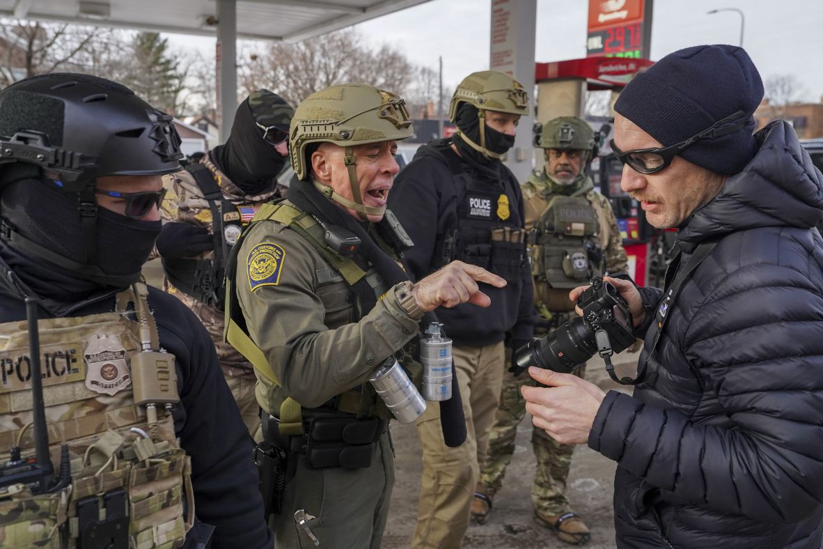 Gregory Bovino, a top Border Patrol official who’s been leading the crackdown in cities across the country, confronts a member of the media in St. Paul on January 11.