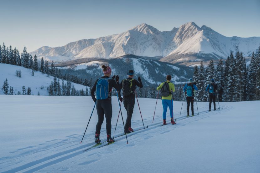 Skiers gliding through snow-covered forests in slovakia's kremnica mountains