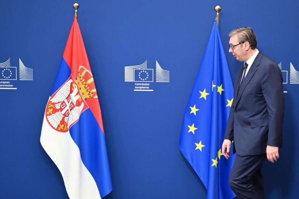 Serbian President Aleksandar Vucic meets with European Commission President Ursula von der Leyen (not seen) and President of the European Council Antonio Costa (not seen) in Brussels, Belgium on Dec. 10, 2025. (AA Photo)