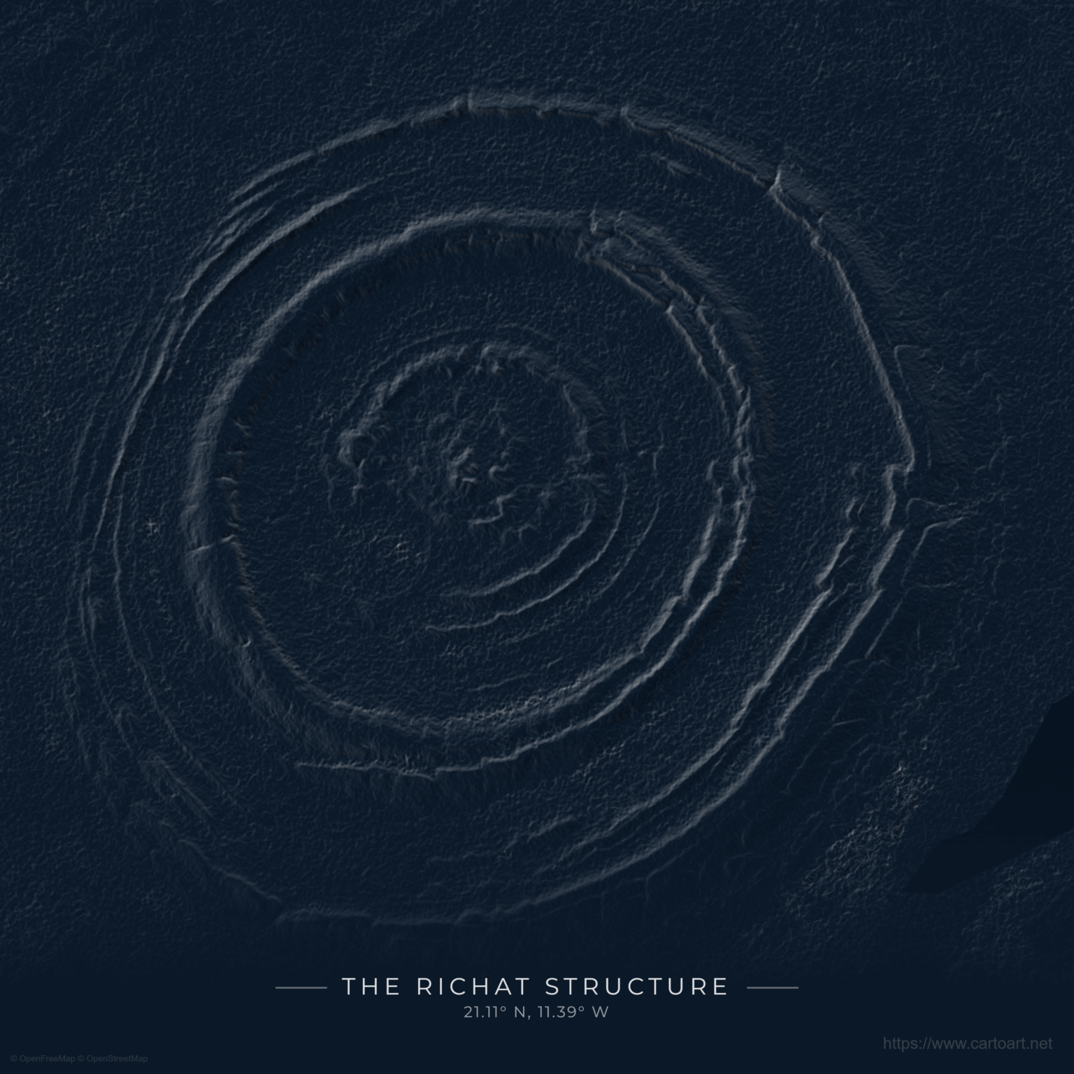 3D terrain visualization of the Richat Structure ("Eye of the Sahara") using AWS elevation data [OC]