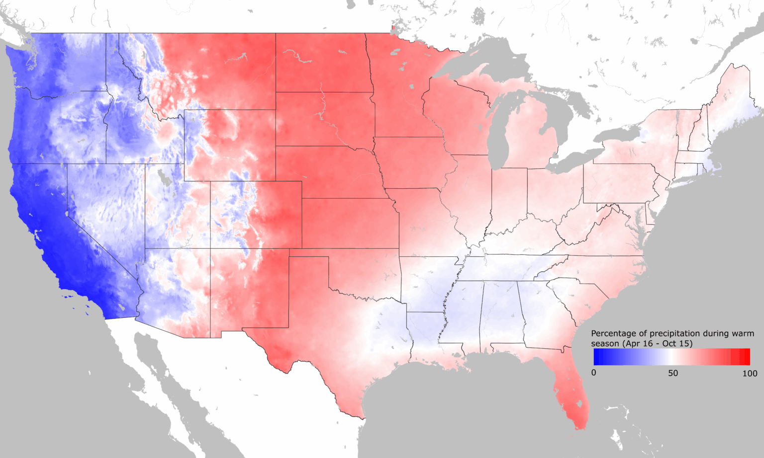 [OC] Seasonality of precipitation in the contiguous United States