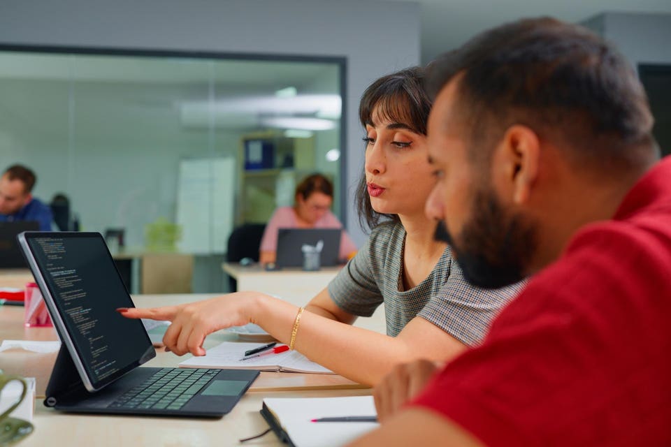 Two diverse multi-racial programmers working together in office