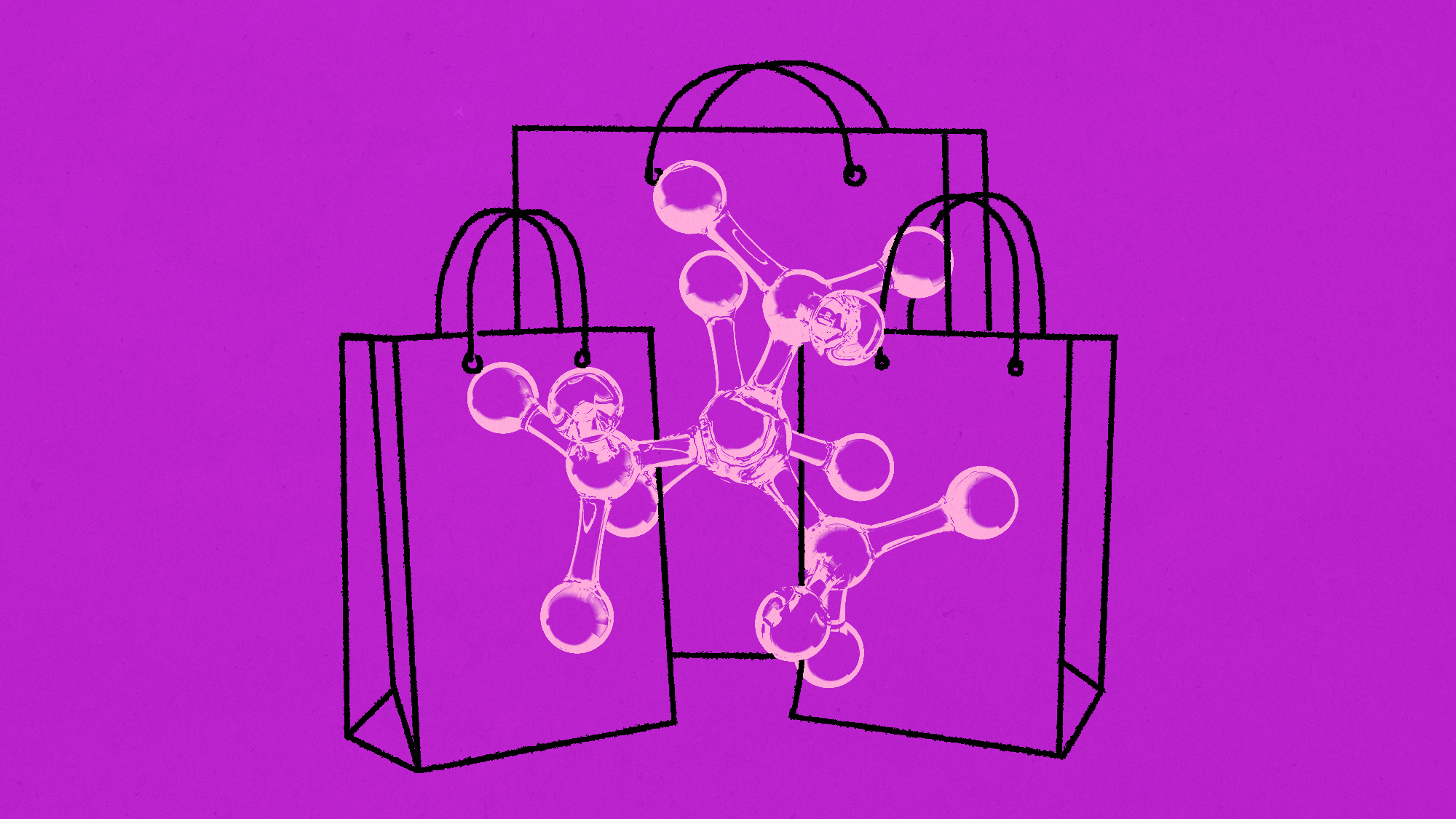 A purple illustration of shopping bags with molecules over them