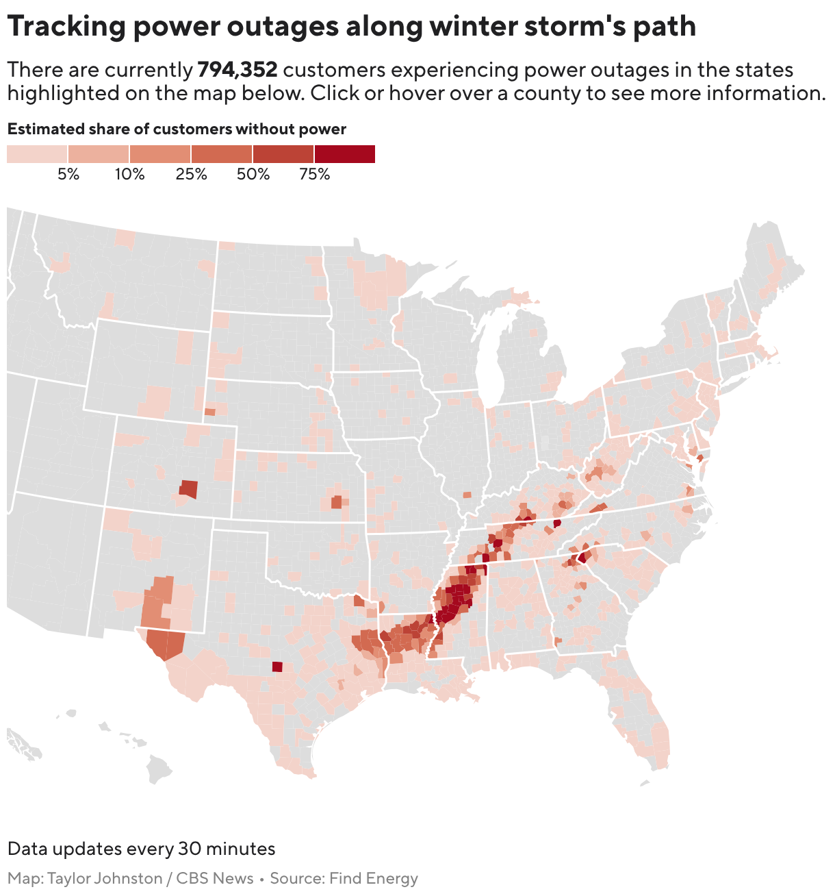 Tracking power outages along winter storm's path (Choropleth map)