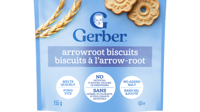 ight blue package of cookies with white print, the words Gerber Arrowroot written on it