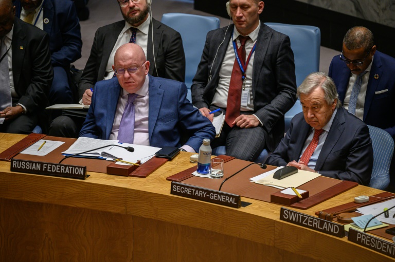 Russian ambassador Vasily Nebenzya sits next to Antonio Gutierres