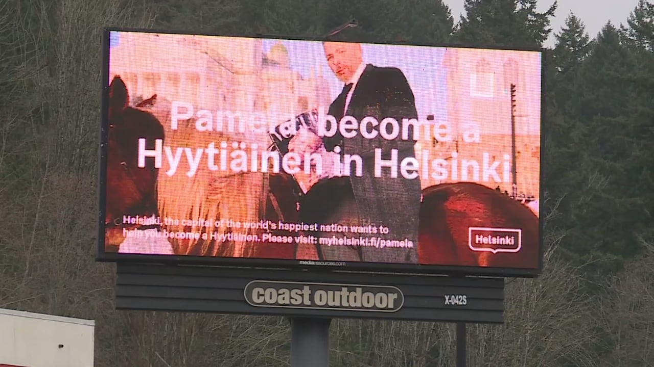 a billboard ad that reads Pamela, become a Hyytianien in Helsinki