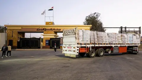 EPA File photo showing a humanitarian aid lorry moves past the Egyptian side of the Rafah border crossing between Egypt and Gaza, in Rafah, North Sinai, Egypt (20 October 2025)