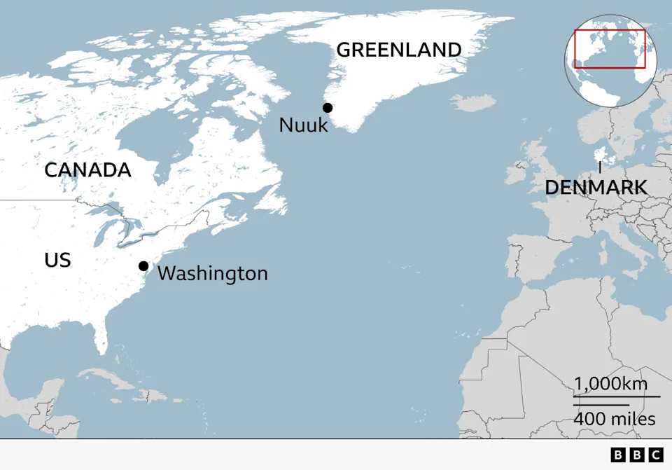 Map showing the location of Greenland and the capital Nuuk, relatively to Denmark, Canada and the United States. Also labelled is the US capital Washington