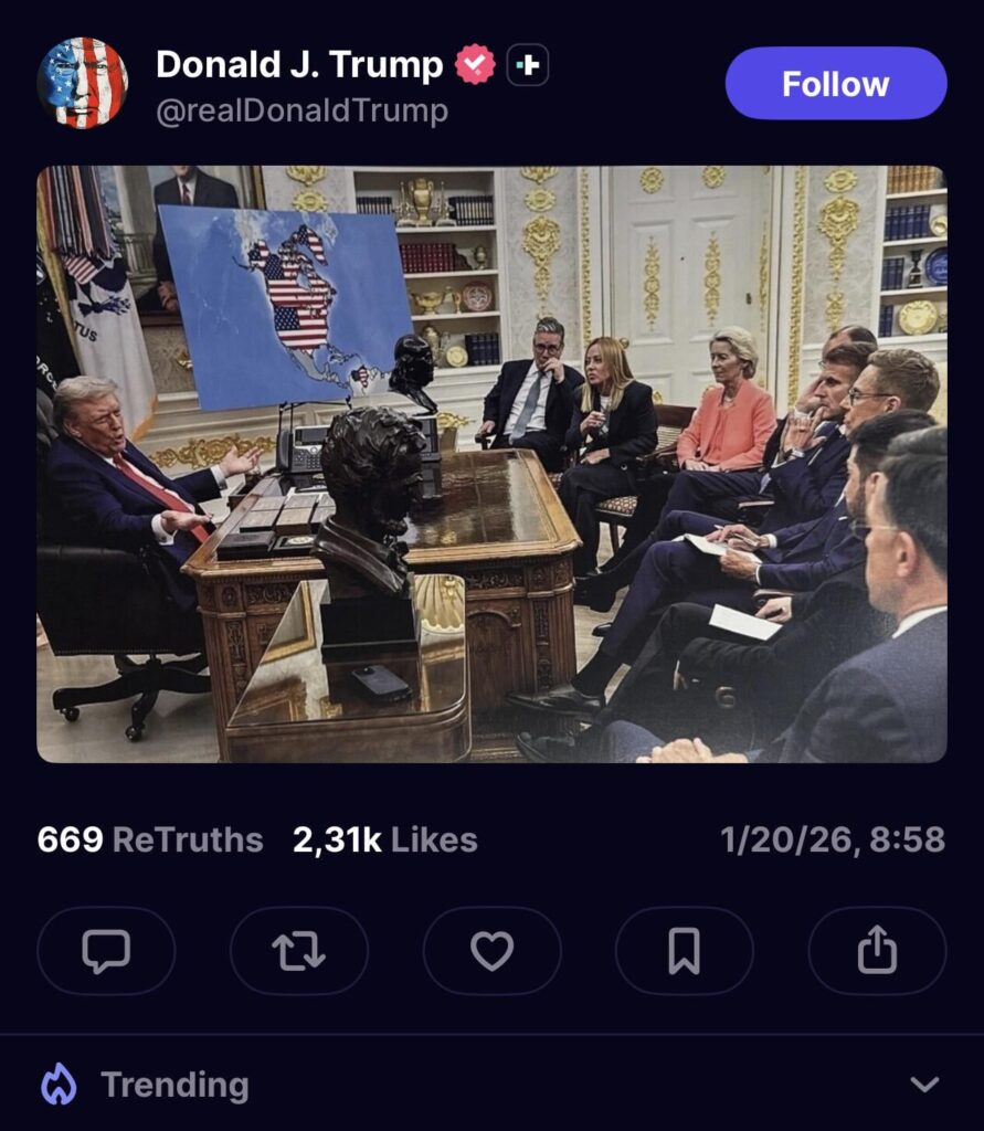 Trump shared an AI image on Truth Social that depicted Canada, Greenland, and Venezuela as the United States.