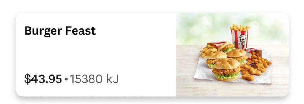 Selecting KFC Free Delivery offer (was $8) Increases Burger Feast by $8