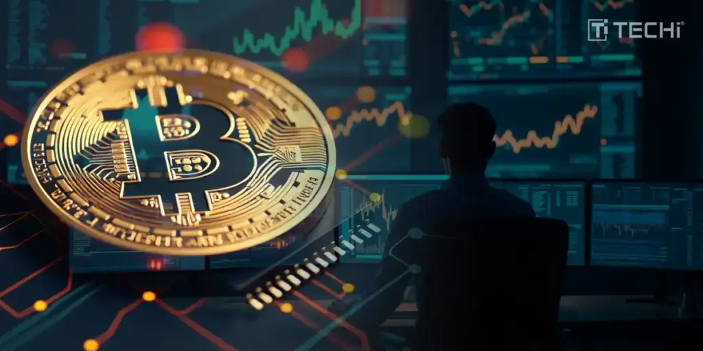 Large Bitcoin coin in foreground with trader at multi-monitor setup under TECHi branding.