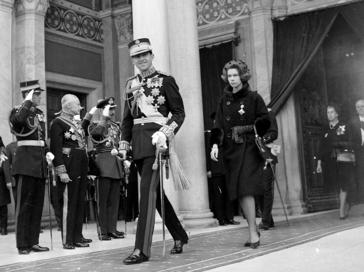 King Constantine II and Crown Princess Irene of the Hellenes attend independence day commemorations in Athens, March 25, 1964 (Smith Archive/Alamy)