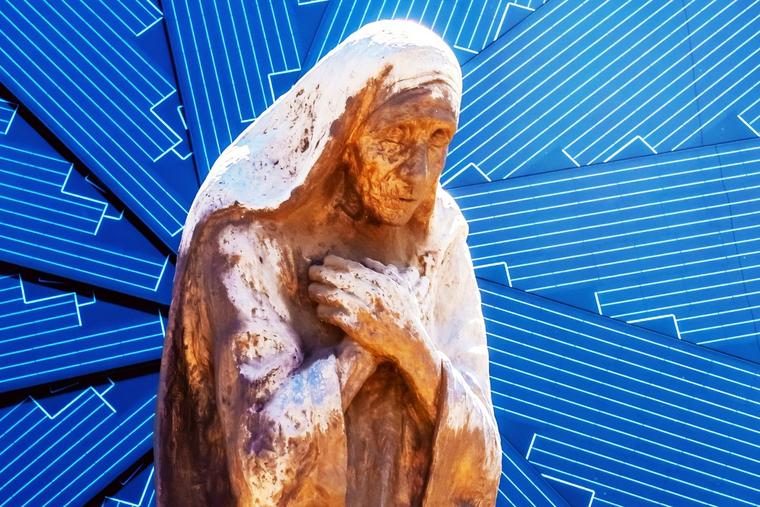 A statue of St. Teresa of Calcutta stands in the center of Shkodër, Albania.