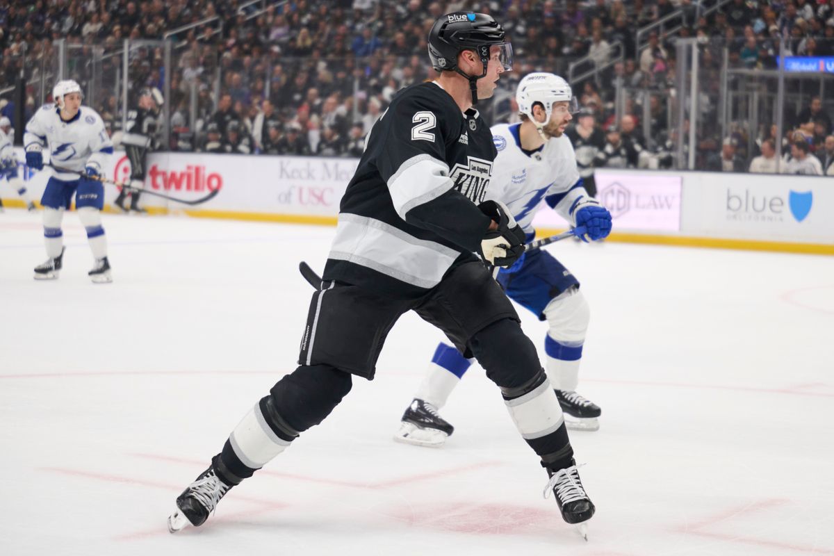 Los Angeles Kings defender Brian Dumoulin (2) play’s defense against the Lightning at the Crypto Arena on January 1st, 2026 in Los Angeles  California.