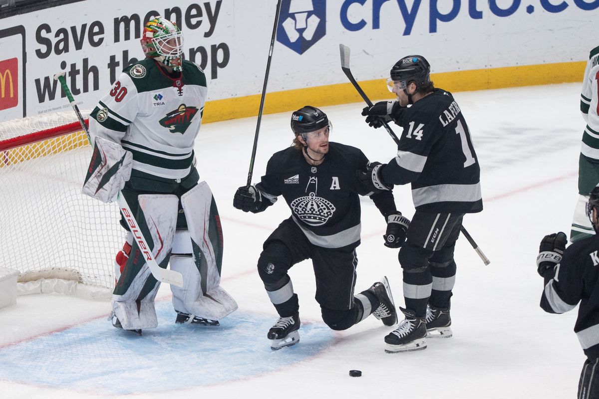 Los Angeles Kings Right Wing Adrian Kempe (9)starts to celebrate after scoring the first goal of the game in a NHL game against the Minnesota Wild at Crypto.com Arena on January 3rd, 2026 in Los Angeles  California.