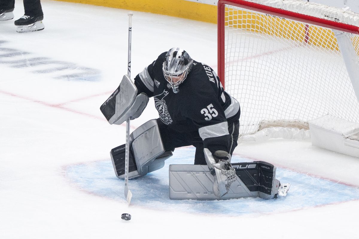 Los Angeles Kings Goalie Darcy Kuemper (35) makes an amazing save in a NHL game against the Minnesota Wild at Crypto.com Arena on January 3rd, 2026 in Los Angeles  California.
