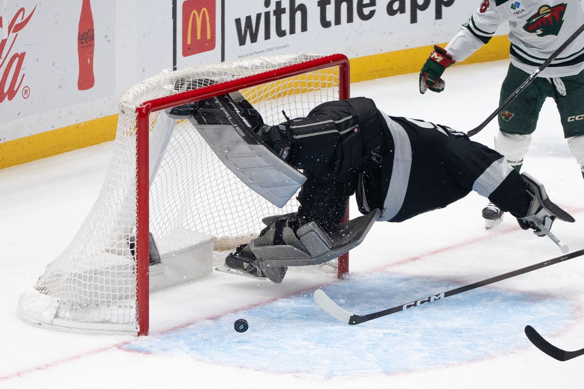 Los Angeles Kings Goalie Darcy Kuemper (35) gets flipped in the trying to save a goal in a NHL game against the Minnesota Wild at Crypto.com Arena on January 3rd, 2026 in Los Angeles  California.