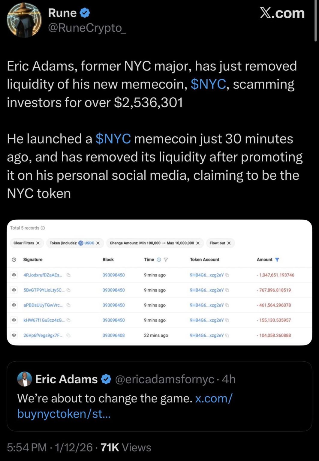 Former NYC Mayor Eric Adams rugs his own memecoin just 30 minutes after launch and pockets over $2.5M