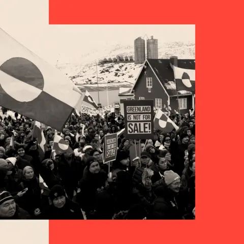 BBC People hold Greenlandic flags and placards 