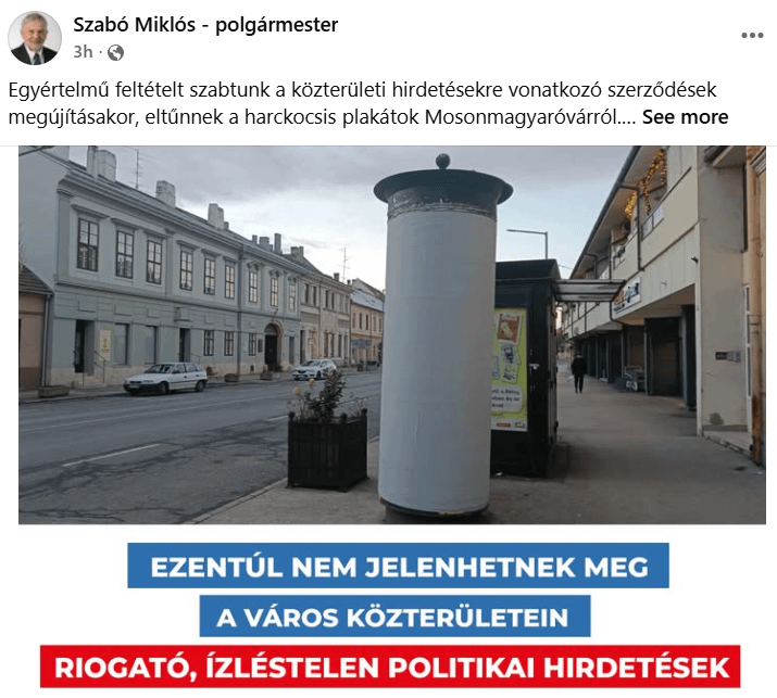 The mayor of Mosonmagyaróvár banned propaganda in public areas