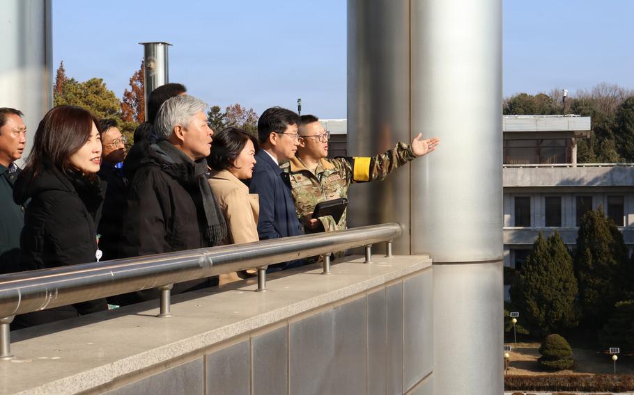 A delegation from South Korea’s National Assembly visits the Joint Security Area of the Demilitarized Zone on Nov. 19, 2025.
