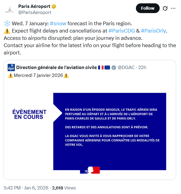 Paris Airport warning on expected flight delays due to snow forecast. Photo: X