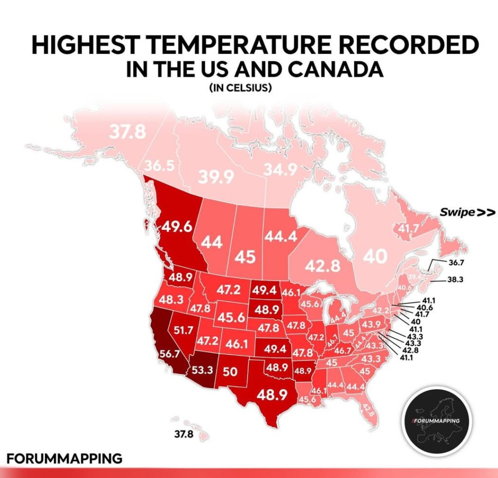 Highest Temperature Recorded in the US and Canada