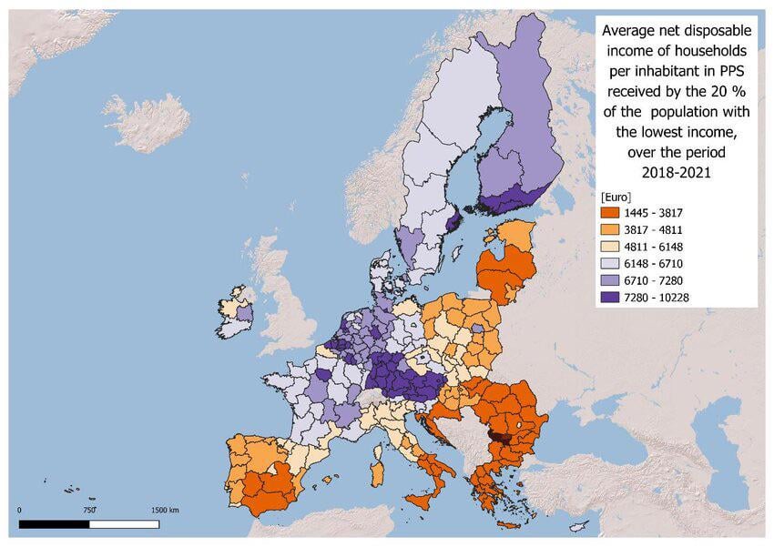 Average net disposable household income per inhabitant of the lowest-income 20% adjusted for living costs