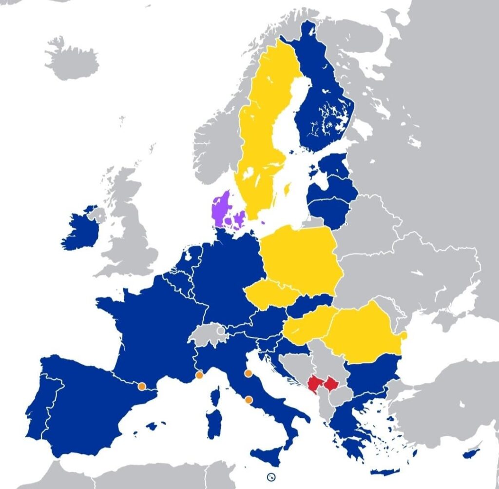 There are 6 other countries in the EU that do not use the Euro as their national currency: Romania, Hungary, Poland, the Czech Republic, Sweden and Denmark