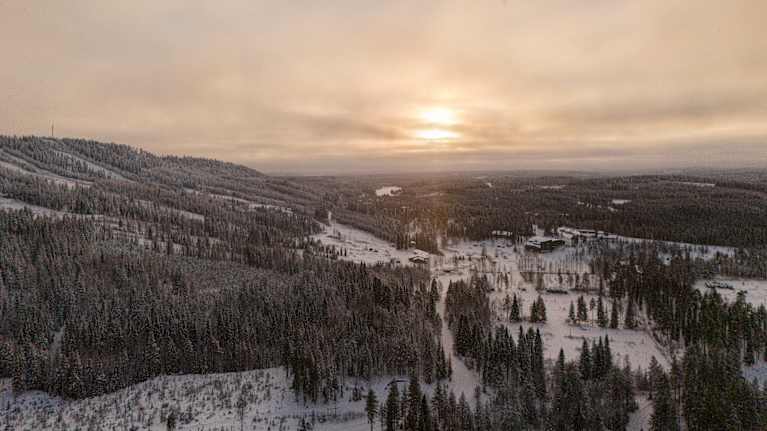 Snow covered forested hills, with the sun low in a misty sky in the distance.
