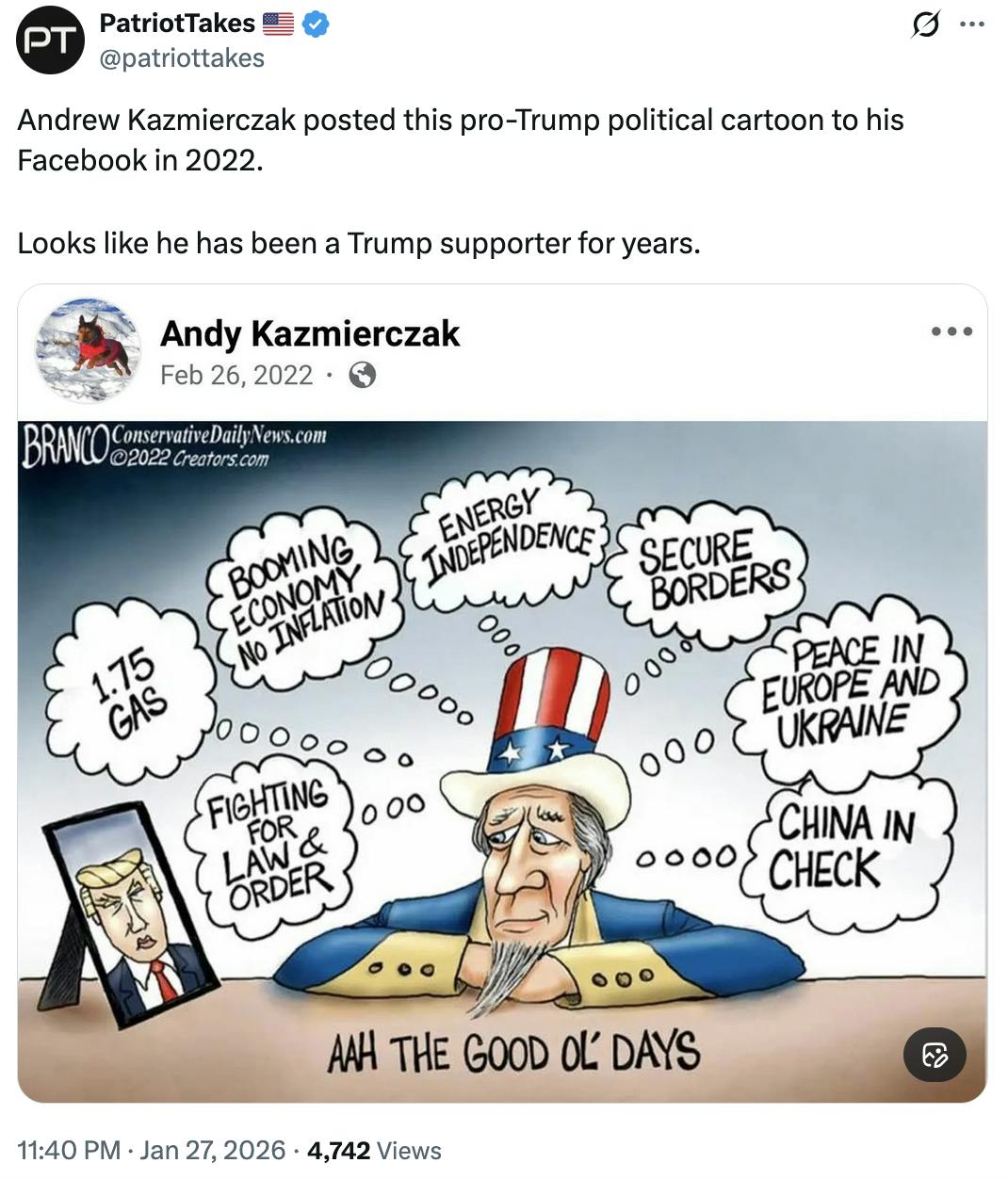 X screenshot PatriotTakes 🇺🇸 @patriottakes
Andrew Kazmierczak posted this pro-Trump political cartoon to his Facebook in 2022. 

Looks like he has been a Trump supporter for years.